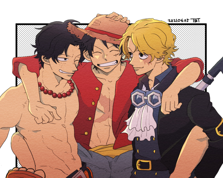 3boys ;) ^_^ arm_over_shoulder artist_name ascot bead_necklace beads black_coat black_hair blonde_hair brothers closed_eyes coat eyewear_around_neck grin hand_on_another's_head hat highres industrial_pipe jabot jewelry long_sleeves male_focus monkey_d._luffy multiple_boys necklace one_eye_closed one_piece open_clothes open_shirt portgas_d._ace sabo_(one_piece) scar scar_on_chest scar_on_face short_hair siblings smile straw_hat tbt topless_male
