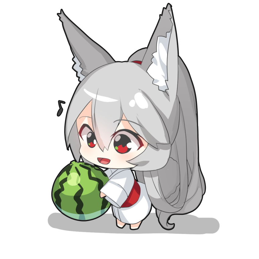 1girl :d animal_ears bangs barefoot chibi commentary_request eighth_note food fox_ears fox_girl fox_tail fruit full_body grey_hair hair_between_eyes highres holding holding_food japanese_clothes kimono long_hair long_sleeves musical_note obi original ponytail red_eyes sash shadow simple_background sleeves_past_wrists smile solo standing tail very_long_hair watermelon white_background white_kimono wide_sleeves yuuji_(yukimimi)