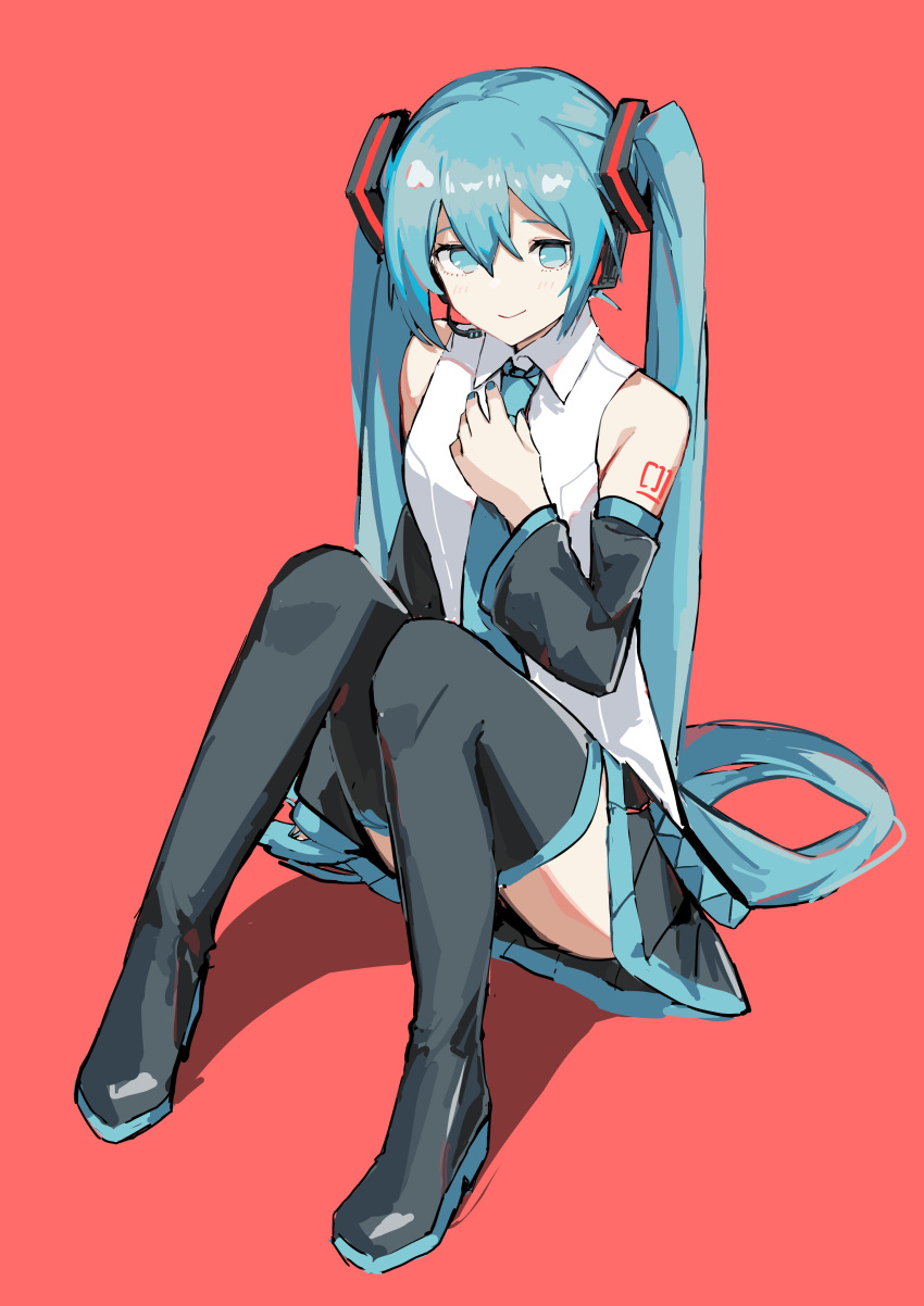 1girl absurdres bangs black_skirt black_thighhighs blue_eyes blue_hair blue_necktie closed_mouth collared_shirt detached_sleeves full_body hatsune_miku highres knees_up looking_at_viewer necktie number_tattoo red_background shiratakiseaice shirt simple_background sitting skirt smile solo tattoo thigh-highs twintails vocaloid white_shirt