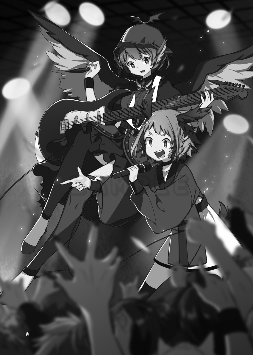 2girls absurdres animal_ears bird_ears bird_wings choujuu_gigaku dog_ears dog_tail dress electric_guitar greyscale guitar hat highres holding holding_instrument holding_microphone instrument kasodani_kyouko long_sleeves microphone monochrome multiple_girls mystia_lorelei namauni open_mouth plectrum second-party_source short_hair smile tail thigh-highs touhou winged_hat wings