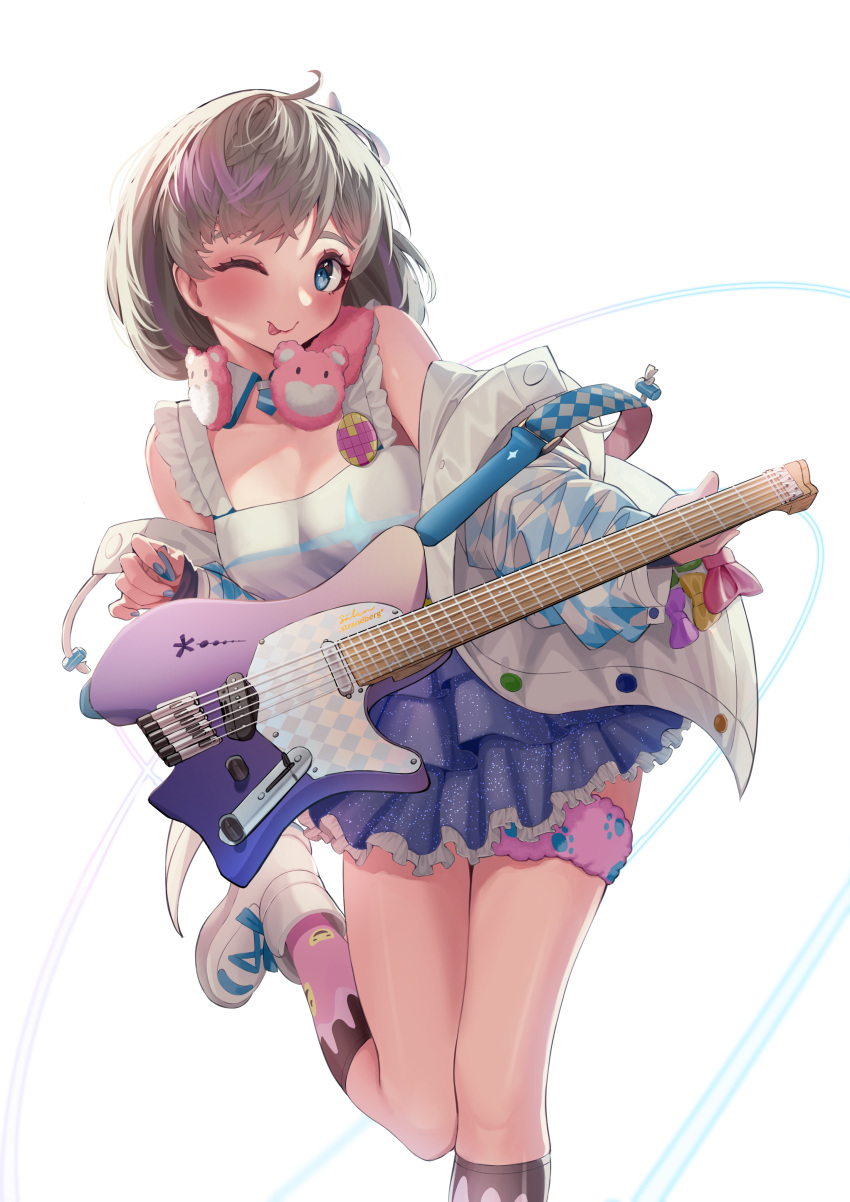 1girl ;p absurdres backlighting badge blue_eyes blue_skirt bob_cut bridal_garter brown_hair button_badge coat commentary electric_guitar english_commentary eyebrows_hidden_by_hair foot_up guitar hajimari_wa_kimi_no_sora highres holding holding_instrument instrument light_brown_hair looking_at_viewer love_live! love_live!_superstar!! medium_hair miniskirt mixed-language_commentary music off-shoulder_coat off_shoulder one_eye_closed open_clothes open_coat pink_socks playing_instrument plectrum simple_background skirt sleeveless socks solo standing standing_on_one_leg strandberg_guitars tang_keke tongue tongue_out ushio_ochinashi white_background white_coat white_footwear
