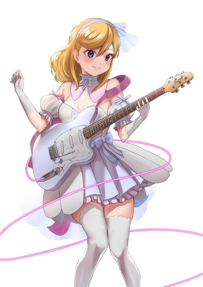 1girl absurdres bangs commentary detached_sleeves dress elbow_gloves electric_guitar english_commentary gloves grin guitar hair_between_eyes hand_up highres holding holding_instrument ibanez instrument long_hair looking_at_viewer love_live! love_live!_superstar!! mixed-language_commentary music orange_hair playing_instrument puffy_short_sleeves puffy_sleeves shibuya_kanon short_dress short_sleeves simple_background smile solo strapless strapless_dress thigh-highs tiny_stars ushio_ochinashi violet_eyes whammy_bar white_background white_dress white_gloves white_thighhighs