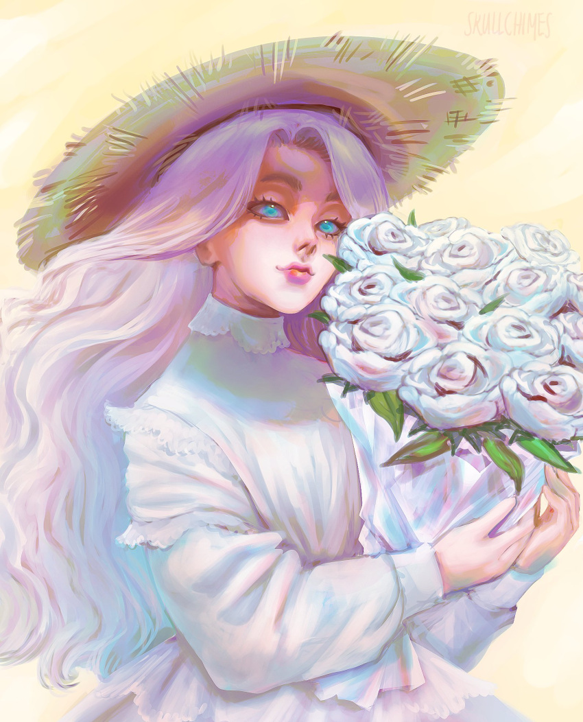 1girl artist_name blue_eyes bouquet dress eyebrows_hidden_by_hair flower hat highres lips long_hair original rose signature skullchimes smile solo sun_hat upper_body wavy_hair white_dress white_flower white_hair white_rose yellow_background