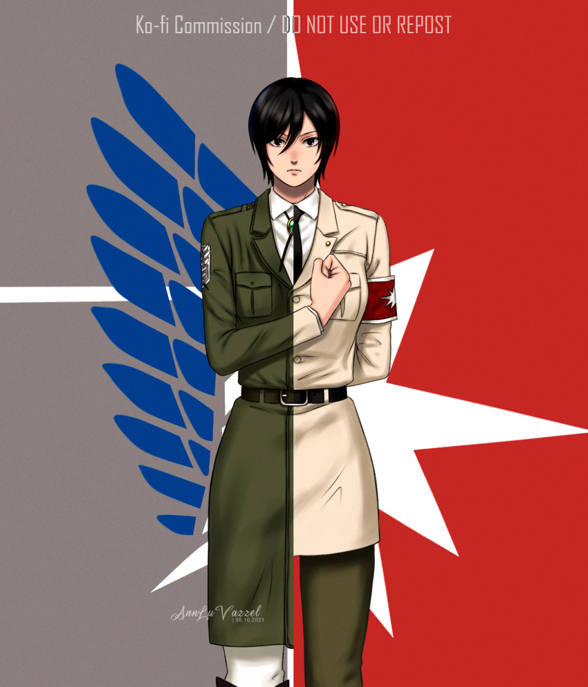 1girl alternate_universe annlu_vazzel arm_behind_back armband artist_name black_eyes black_hair black_necktie commission dated dual_persona frown green_jacket hair_between_eyes hand_on_own_chest highres jacket military military_uniform necktie shingeki_no_kyojin short_hair split_screen uniform watermark