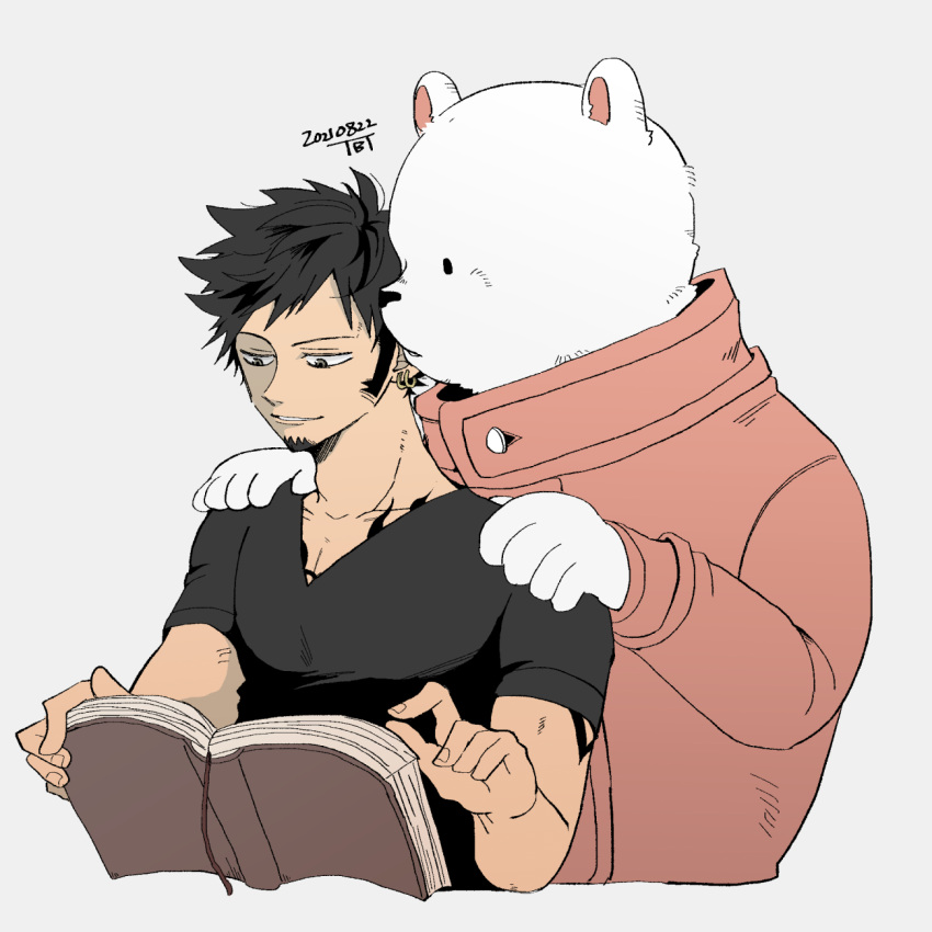 1boy animal artist_name bear bepo black_hair black_shirt book earrings facial_hair grey_background hands_on_another's_shoulders hands_up highres holding holding_book jewelry long_sleeves looking_at_another male_focus one_piece polar_bear reading shirt short_hair short_sleeves simple_background smile tbt trafalgar_law