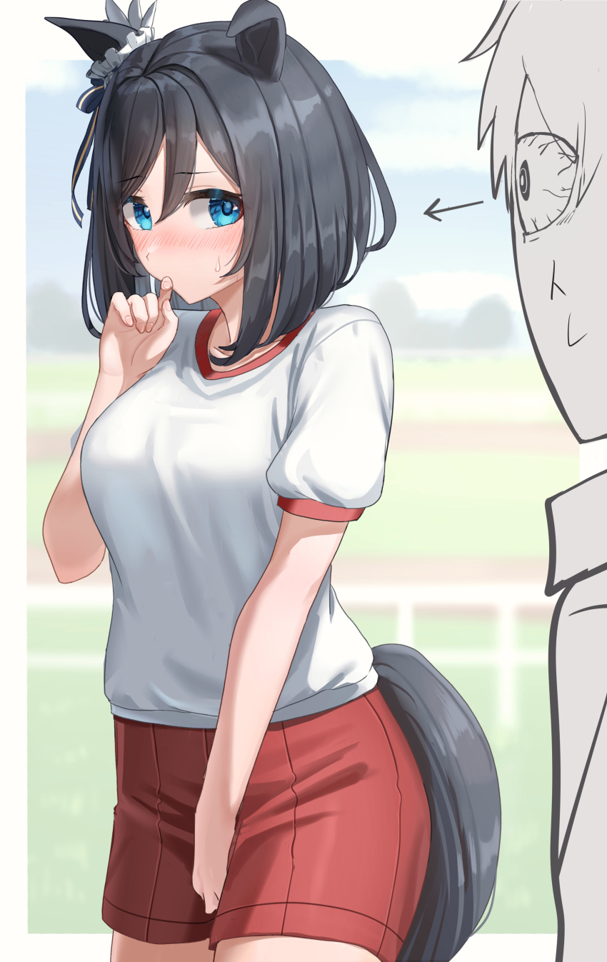 1boy 1girl absurdres animal_ears bangs black_hair blue_eyes blush breasts commentary covering_mouth cowboy_shot ear_ornament ears_down eishin_flash_(umamusume) embarrassed gym_shirt gym_shorts gym_uniform highres horse_ears horse_girl horse_tail looking_at_viewer medium_breasts ooeyama red_shorts shirt short_hair shorts simple_background solo staring tail trainer_(umamusume) umamusume white_background white_shirt