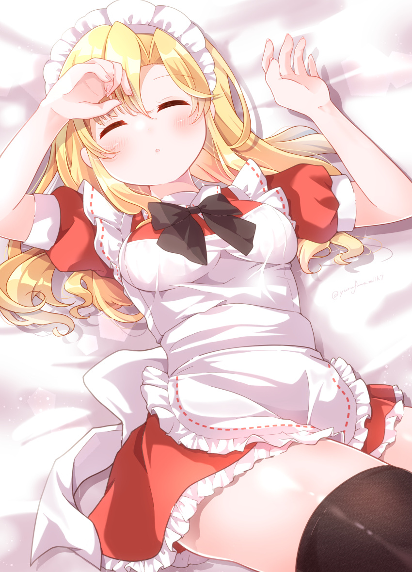 1girl absurdres apron bed_sheet black_thighhighs blonde_hair bow bowtie closed_eyes commentary_request dress frilled_apron frilled_dress frills highres long_hair lying maid_apron medium_hair on_back puffy_short_sleeves puffy_sleeves red_dress short_sleeves sleeping solo thigh-highs thighs touhou touhou_(pc-98) waist_bow white_apron yumeko_(touhou) yurufuwa_milk