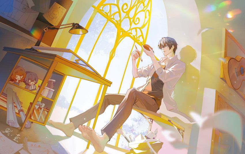 1boy bangs barefoot black_shirt blue_pants blue_sky chair closed_mouth clouds cloudy_sky doll full_body guitar highres holding holding_brush indoors instrument jacket lamp long_sleeves marius_von_hagen_(tears_of_themis) pants purple_hair rosa_(tears_of_themis) shadow shirt short_hair sitting sky smile soles solo table tears_of_themis toes violet_eyes white_jacket window yiy1123