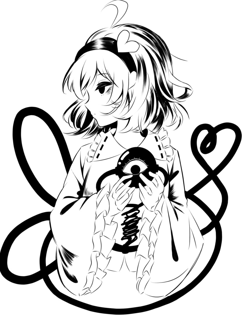 1341398tkrtr 1girl :| ahoge bags_under_eyes blouse closed_mouth commentary cropped_torso expressionless frilled_shirt_collar frilled_sleeves frills greyscale hair_ornament hairband heart heart_hair_ornament heart_of_string high_contrast highres holding komeiji_satori long_sleeves looking_at_viewer looking_to_the_side medium_hair monochrome profile ribbon_trim shirt solo third_eye touhou upper_body wide_sleeves