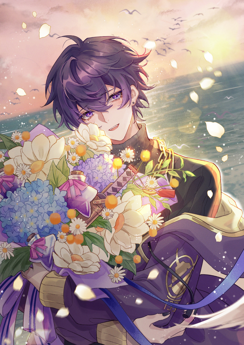 1boy ahoge bird black_nails bouquet crying crying_with_eyes_open daisy falling_petals flower forget-me-not_(flower) highres holding holding_bouquet hood hooded_jacket indie_virtual_youtuber jacket long_sleeves looking_at_viewer male_focus ocean open_mouth petals purple_hair purple_jacket qinze233 ribbed_sweater short_hair shoto_(vtuber) sparkle sunset sweater tears turtleneck turtleneck_sweater upper_body v-shaped_eyebrows violet_eyes virtual_youtuber