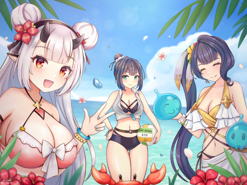 3girls alexa_(epic_seven) aqua_eyes ball bellona_(epic_seven) black_hair black_horns bracelet closed_eyes closed_mouth clouds crab double_bun epic_seven flower frostdrop_(epic_seven) hair_bun hair_flower hair_ornament highres holding holding_ball holiday_yufine_(epic_seven) horns jewelry multiple_girls narijade navel open_mouth orange_eyes pointy_ears red_flower seaside_bellona_(epic_seven) smile summer summer's_disciple_alexa_(epic_seven) swimsuit v volleyball white_hair yufine_(epic_seven)