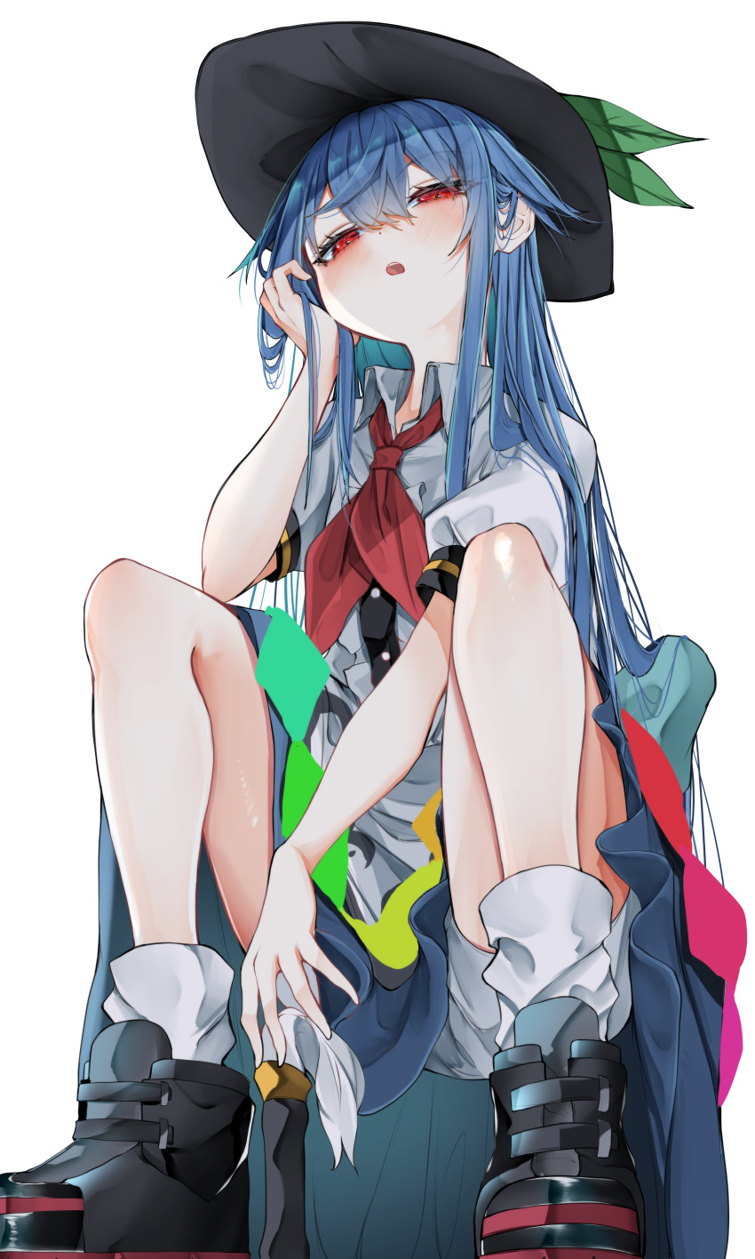 1girl absurdres black_footwear black_headwear blue_hair blue_skirt blush buttons collared_shirt hair_between_eyes hat highres hinanawi_tenshi long_hair open_mouth puffy_short_sleeves puffy_sleeves rainbow_order red_eyes shirt shoes short_sleeves simple_background skirt socks solo touhou tsune_(tune) white_background white_shirt white_socks