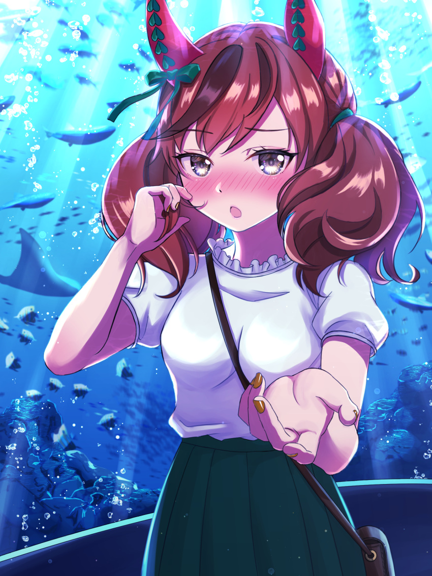1girl animal_ears aquarium between_breasts blush breasts brown_eyes casual commentary_request dating fingernails hair_ornament highres horse_ears horse_girl medium_breasts medium_hair mochitsuki_wataame nice_nature_(umamusume) open_mouth reaching_out solo umamusume