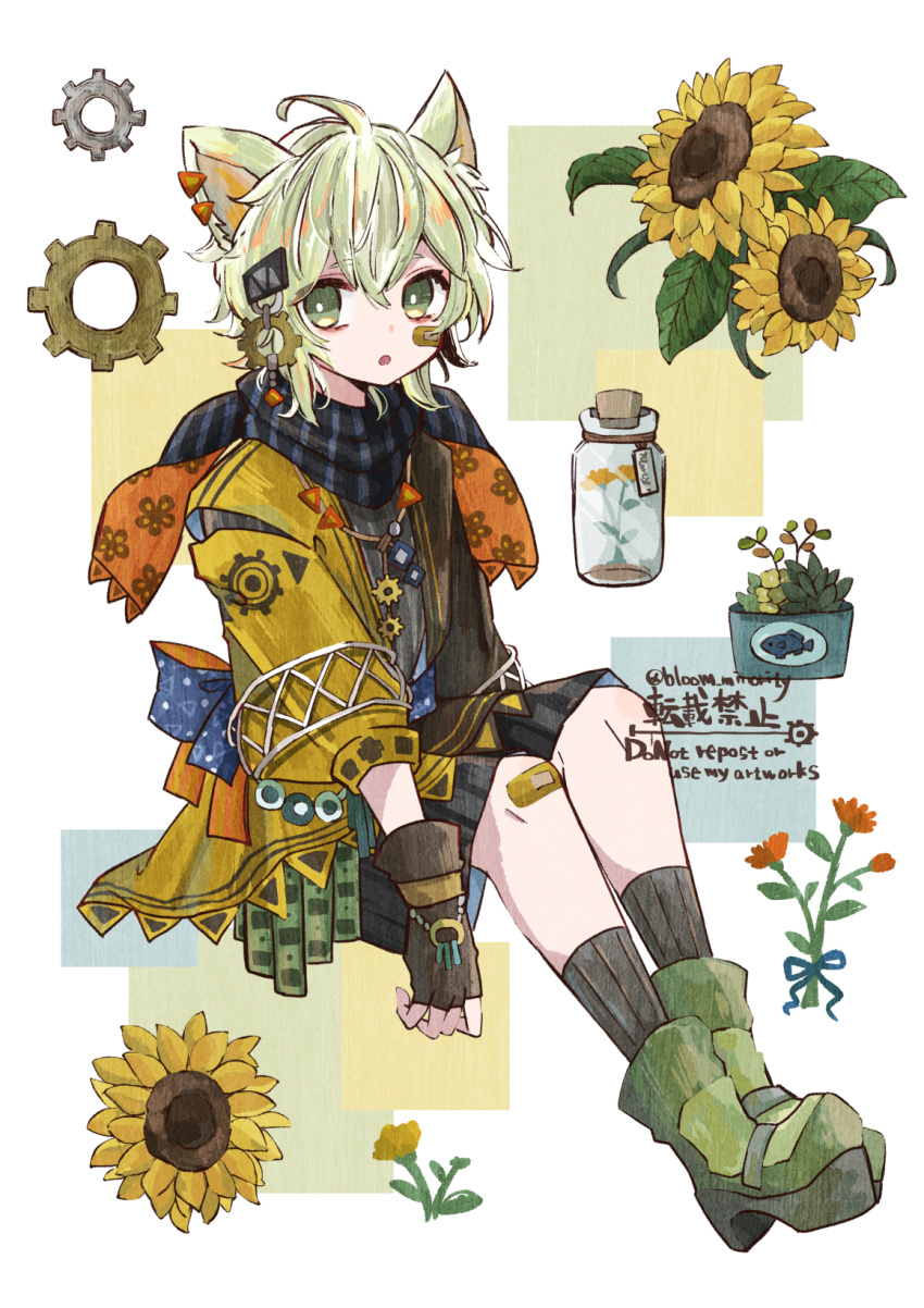 1boy androgynous animal_ears bandaid bandaid_on_face blonde_hair bloomminority dog_boy dog_ears facing_away fantasy fingerless_gloves flower full_body gloves green_eyes highres looking_to_the_side male_focus original short_hair sitting solo steampunk white_background