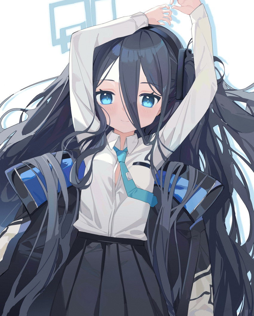 absurdly_long_hair absurdres arisu_(blue_archive) arms_up black_hair black_hairband blue_archive blue_eyes blue_necktie bright_pupils collared_shirt dark_blue_hair hair_between_eyes hairband halo highres jacket long_hair looking_at_viewer measho multicolored_clothes multicolored_jacket necktie one_side_up pleated_skirt ringed_eyes shirt skirt tie_clip very_long_hair white_jacket white_pupils