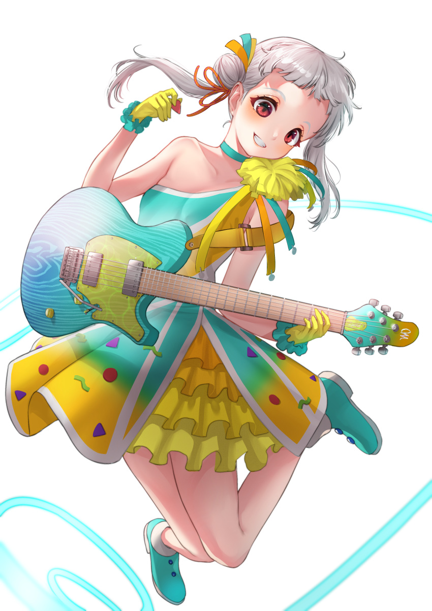 1girl absurdres aqua_dress aqua_footwear arashi_chisato asymmetrical_dress collarbone commentary dress electric_guitar english_commentary feet_up gloves gradient_dress grin guitar hair_bun hair_tie head_tilt highres holding holding_instrument instrument looking_at_viewer love_live! love_live!_superstar!! mixed-language_commentary music playing_instrument plectrum pom_pom_(clothes) red_eyes short_bangs short_dress simple_background sleeveless sleeveless_dress smile solo teeth tokonatsu_sunshine twintails ushio_ochinashi whammy_bar white_background white_hair yellow_dress yellow_gloves