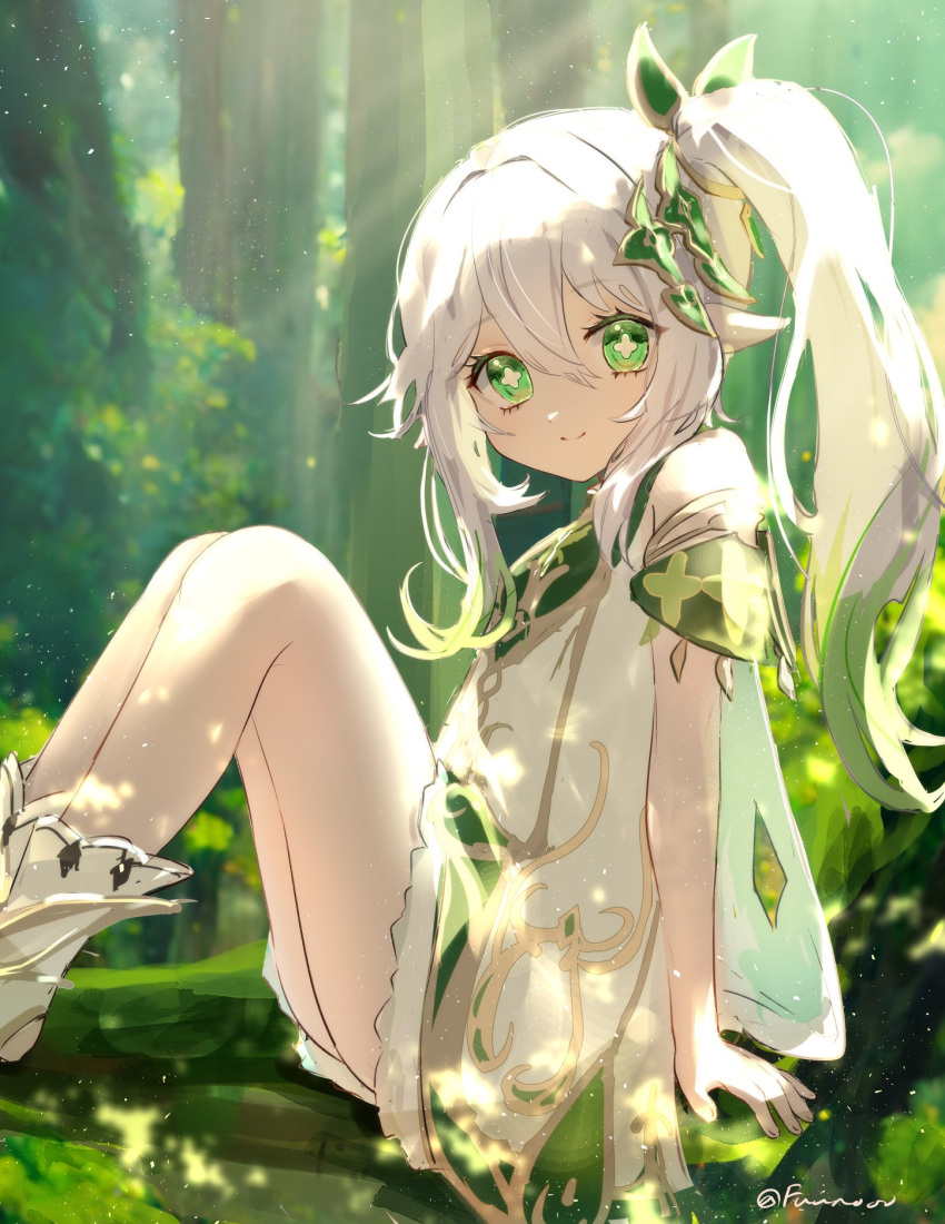 1girl bangs bloomers cape cross-shaped_pupils detached_sleeves dress female_child forest fujito_(call_f_) genshin_impact gradient_hair green_cape green_eyes green_hair green_sleeves hair_ornament highres leaf_hair_ornament long_hair looking_at_viewer multicolored_hair nahida_(genshin_impact) nature pointy_ears side_ponytail smile solo toeless_footwear underwear white_bloomers white_dress white_footwear white_hair