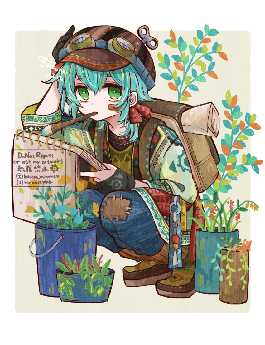 1boy bandaid bandaid_on_face bloomminority blue_hair border fantasy fingerless_gloves flower full_body gloves green_eyes grey_background hat highres looking_at_viewer male_focus mouth_hold multicolored_background original paintbrush patch plant short_hair solo squatting vase white_background white_border