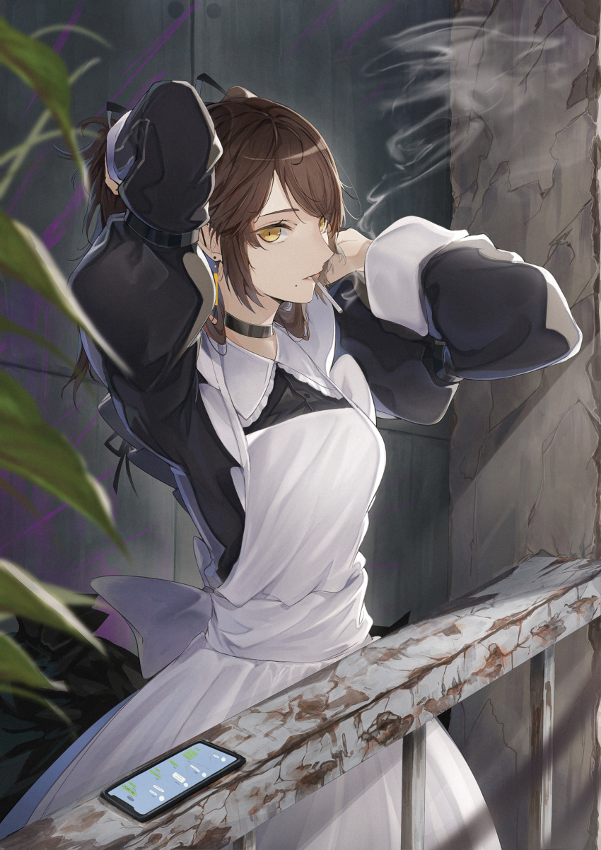 1girl apron arm_up arms_behind_head black_dress black_ribbon blurry blurry_foreground brown_eyes brown_hair cellphone cigarette commentary_request depth_of_field dress hair_ribbon hand_up highres long_sleeves looking_at_viewer maid maid_apron marumoru original parted_lips phone plant puffy_long_sleeves puffy_sleeves railing ribbon smoke smoking solo white_apron