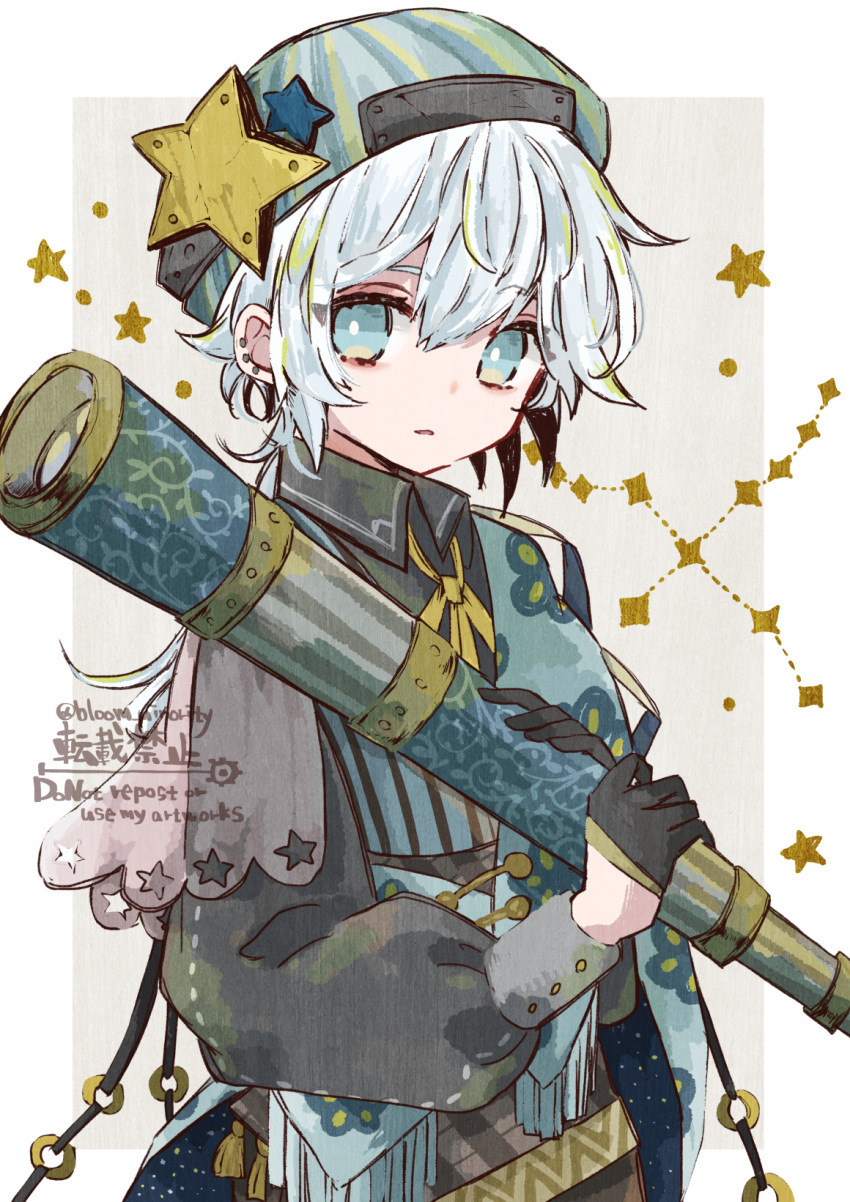1boy androgynous bloomminority blue_eyes border constellation facing_away fantasy gloves grey_background highres long_hair long_sleeves looking_at_viewer low_ponytail male_focus multicolored_background original parted_lips ponytail solo star_(symbol) telescope white_background white_border white_hair