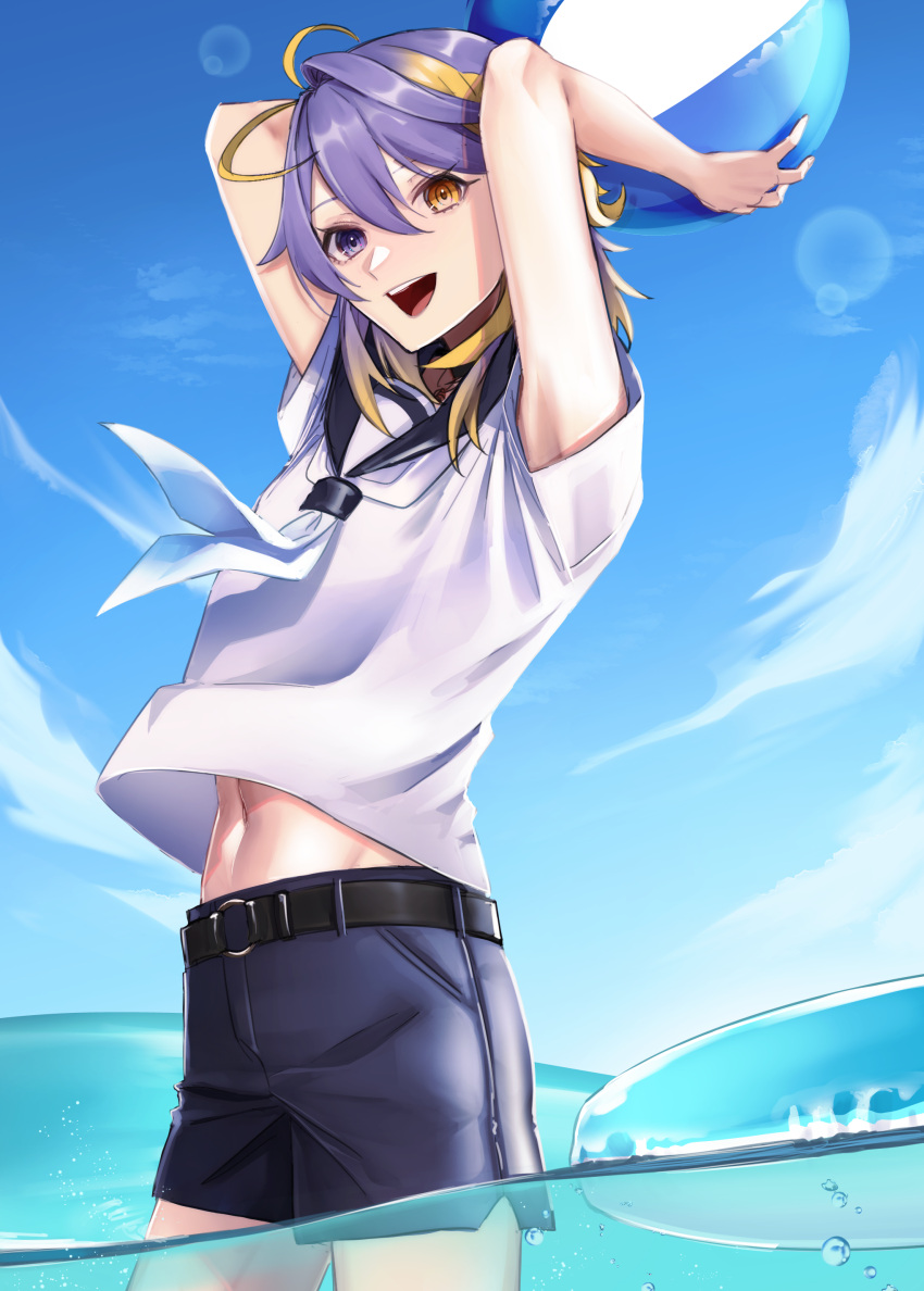 1boy :d absurdres antenna_hair arms_up aster_arcadia ball bangs beachball belt black_belt black_sailor_collar black_shorts blonde_hair blue_sky clouds commentary_request cowboy_shot day eyelashes hair_between_eyes hair_intakes heterochromia highres holding holding_ball in_water innertube looking_at_viewer male_focus medium_hair multicolored_hair navel neckerchief nijisanji nijisanji_en o-ring o-ring_belt open_mouth outdoors partially_submerged partially_underwater_shot peridot68 purple_hair sailor_collar sailor_shirt shirt short_shorts short_sleeves shorts sidelocks sky smile solo standing stomach streaked_hair teeth two-tone_hair upper_teeth violet_eyes wading water white_neckerchief white_shirt yellow_eyes