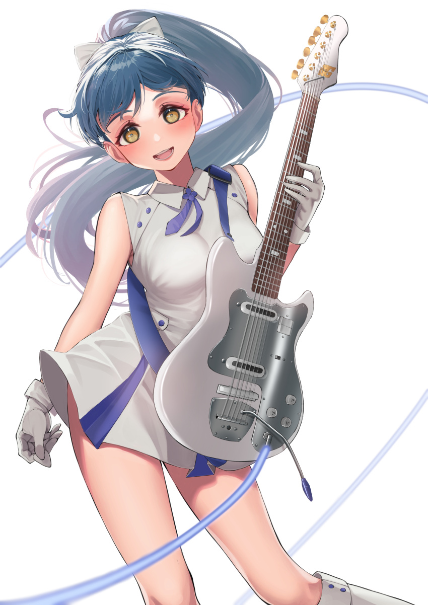 1girl :d absurdres black_hair bow breasts brown_eyes commentary contrapposto dark_blue_hair dress electric_guitar english_commentary gloves guitar hair_bow hazuki_ren head_tilt highres holding holding_instrument instrument long_hair looking_at_viewer love_live! love_live!_superstar!! medium_breasts mixed-language_commentary music open_mouth playing_instrument plectrum ponytail short_dress simple_background sleeveless sleeveless_dress smile solo tareme ushio_ochinashi whammy_bar white_background white_bow white_dress white_gloves wing_collar wish_song