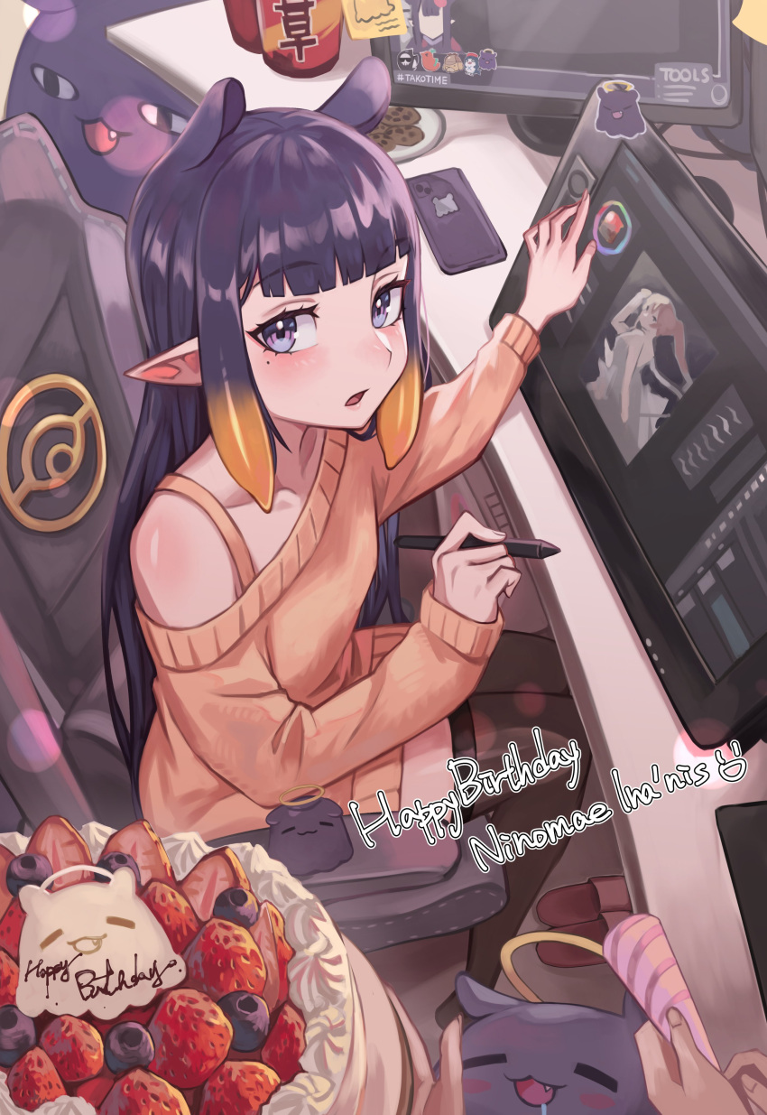1girl :3 absurdres blue_eyes blueberry cake cellphone chair commentary cookie drawing_tablet drooling english_commentary fang flat_chest food fruit gradient_hair halo happy_birthday highres hololive hololive_english indoors instant_ramen kiwwwwwi long_hair mole mole_under_eye monitor multicolored_hair ninomae_ina'nis octopus office_chair orange_hair orange_sweater party_popper pen phone plate pointy_ears purple_hair sidelocks sitting slippers smartphone sticky_note strawberry stylus sweater table takodachi_(ninomae_ina'nis) tentacle_hair tentacles thigh-highs very_long_hair virtual_youtuber