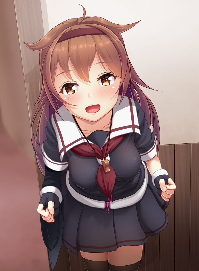 1girl absurdres black_gloves black_serafuku blush breasts brown_eyes commentary_request cowboy_shot fingerless_gloves gloves hair_flaps hairband highres kantai_collection long_hair looking_at_viewer medium_breasts neckerchief open_mouth red_hairband red_neckerchief rumachi school_uniform serafuku shiratsuyu_(kancolle) smile solo standing whistle whistle_around_neck
