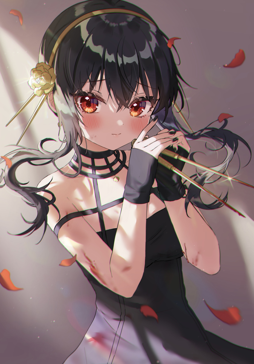 1girl absurdres bangs bare_shoulders black_dress black_gloves black_hair black_nails blood blood_on_weapon blush closed_mouth commentary dagger dress earrings eyelashes falling_petals fingerless_gloves fingernails floating_hair flower gloves gold_earrings gold_hairband hair_between_eyes hair_flower hair_ornament hairband highres holding holding_dagger holding_weapon jewelry knife light_particles long_hair looking_at_viewer nail_polish pendant petals raised_eyebrows red_eyes rose_petals shinzousan short_hair_with_long_locks sidelocks sleeveless sleeveless_dress solo spy_x_family standing stiletto_(weapon) weapon yor_briar