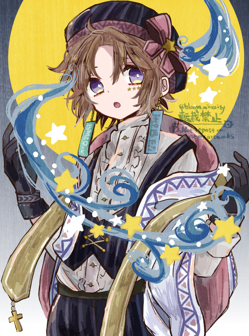 1boy androgynous bloomminority blue_background brown_hair cross fantasy gloves gradient gradient_background hat highres looking_up male_focus marking_on_cheek moon open_mouth original short_hair solo star_(symbol) violet_eyes white_background