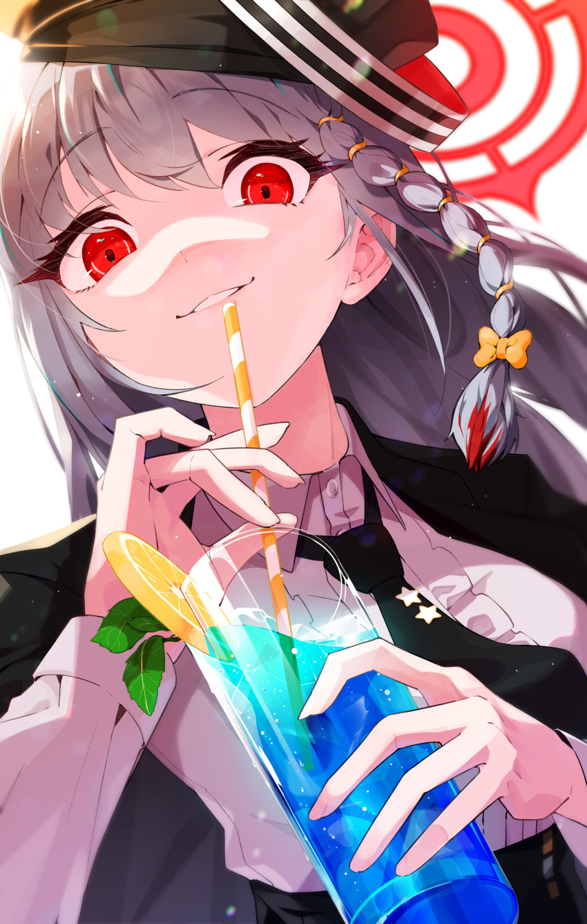 1girl absurdres blue_archive bow braid collared_shirt cup drink drinking_glass drinking_straw food fruit halo haruna_(blue_archive) hat highres holding holding_cup long_hair long_sleeves looking_at_viewer nasan_(coldtime) necktie orange_(fruit) orange_slice red_eyes shirt simple_background smile solo upper_body white_background