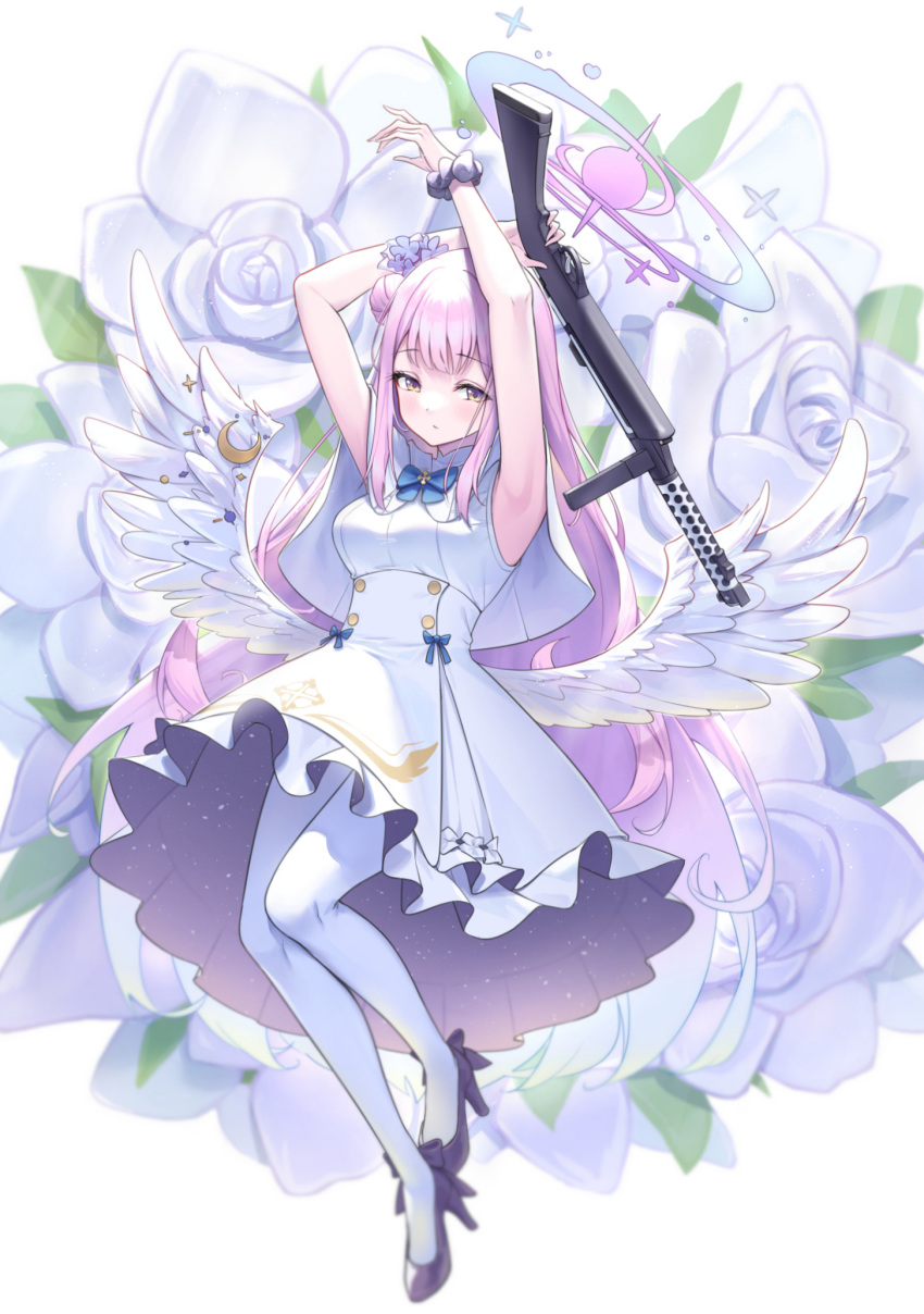1girl angel_wings arms_up black_footwear blue_archive capelet commentary_request dress flower gohei_(aoi_yuugure) gun hair_bun hair_flower hair_ornament highres holding holding_gun holding_weapon lanchester_smg long_hair low_wings mika_(blue_archive) pantyhose pink_hair scrunchie single_hair_bun solo submachine_gun very_long_hair weapon white_capelet white_dress white_pantyhose white_wings wings wrist_scrunchie yellow_eyes