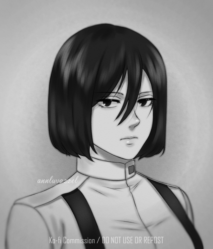 1girl alternate_universe annlu_vazzel artist_name blurry commentary expressionless greyscale hair_between_eyes highres lips medium_hair mikasa_ackerman monochrome portrait shingeki_no_kyojin solo uniform watermark