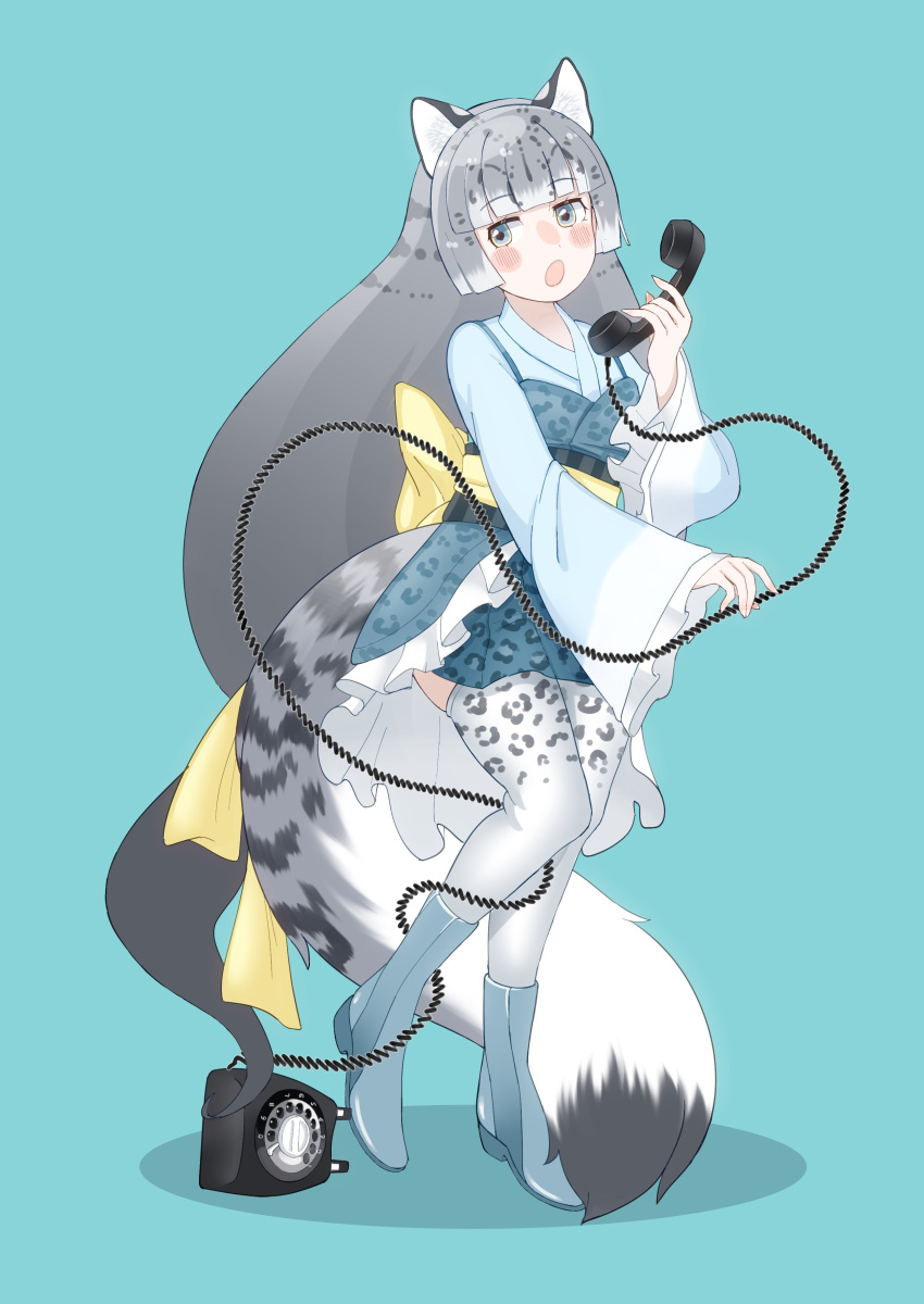 1girl absurdres animal_ears animal_print bangs black_bow blue_eyes blue_footwear blue_kimono blush boots bow frilled_kimono frilled_sleeves frills grey_hair grey_thighhighs high_heel_boots high_heels highres japanese_clothes kemono_friends kimono leopard_ears leopard_girl leopard_print leopard_tail long_hair long_sleeves multicolored_hair parsley_(simonov1941) phone print_thighhighs rotary_phone short_kimono snow_leopard_(kemono_friends) solo tail thigh-highs white_hair yellow_bow zettai_ryouiki