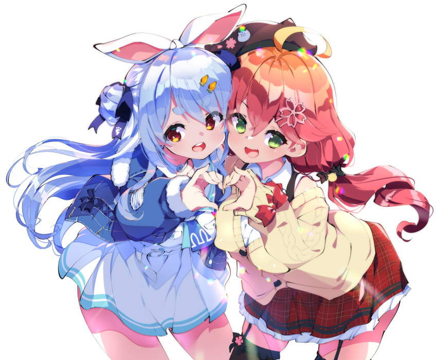 2girls :d ahoge animal_ears beret black_thighhighs blue_hair brown_eyes cardigan carrot_hair_ornament commentary_request cowboy_shot fang food-themed_hair_ornament fujishima-sei_ichi-gou fur-trimmed_jacket fur_trim garter_straps green_eyes hair_ornament hat heart heart_hands heart_hands_duo highres hololive jacket leaning_forward long_hair long_sleeves looking_at_viewer low_twintails multiple_girls pink_hair rabbit_ears rabbit_girl sakura_miko shiny shiny_hair simple_background skin_fang smile teeth thigh-highs tied_ears twintails usada_pekora virtual_youtuber white_background