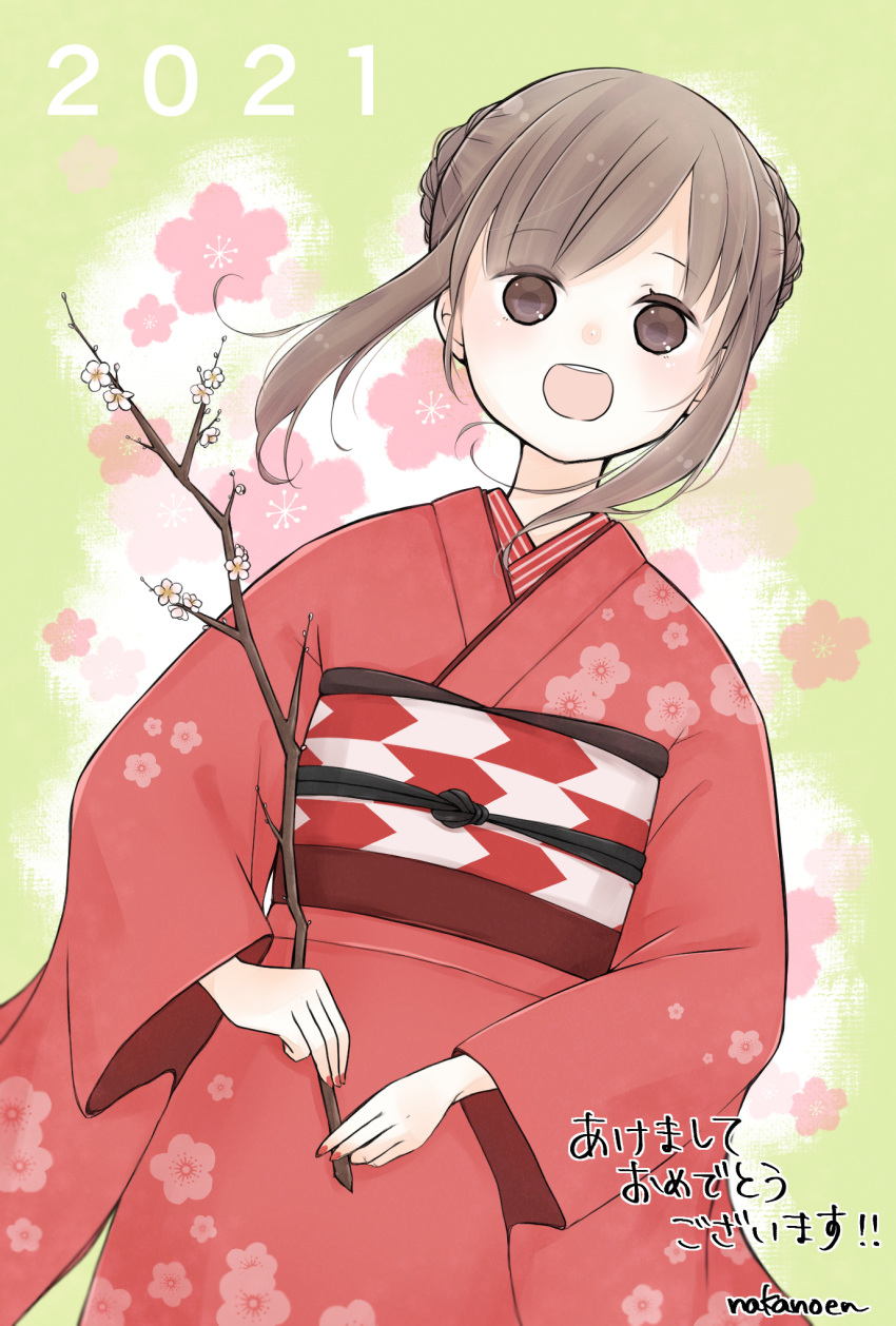 1girl 2021 :d bangs blush braid braided_bun branch brown_eyes brown_hair cherry_blossoms double_bun floral_print go-on hair_bun highres holding holding_branch japanese_clothes kimono long_sleeves nail_polish nengajou new_year obi open_mouth original sash smile solo translation_request wide_sleeves