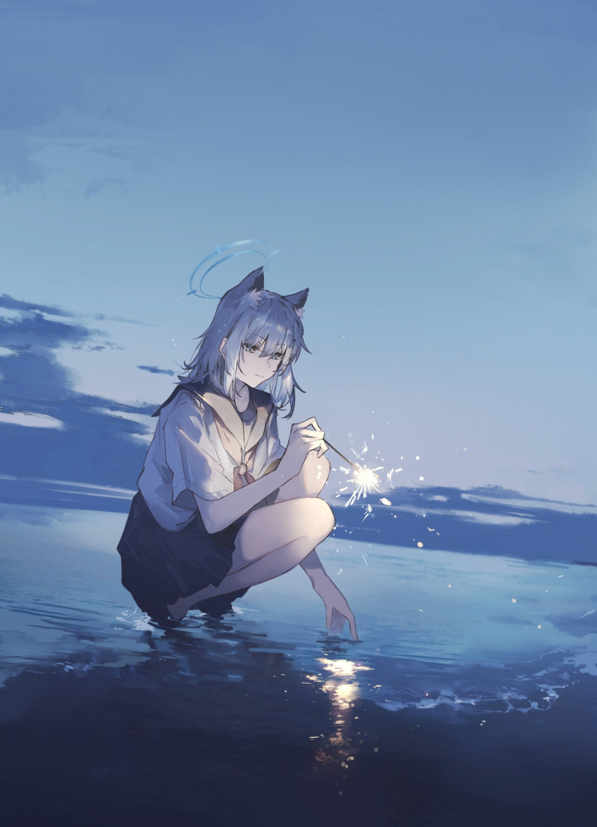 1girl animal_ear_fluff animal_ears bangs bare_legs beach black_skirt blue_archive cat_ears cheonyeon-hi closed_mouth collared_shirt evening fireworks full_body grey_hair hair_between_eyes halo highres long_hair miniskirt neckerchief outdoors pleated_skirt sailor_collar sailor_shirt school_uniform serafuku shiny shiny_hair shiroko_(blue_archive) shirt skirt smile solo white_shirt