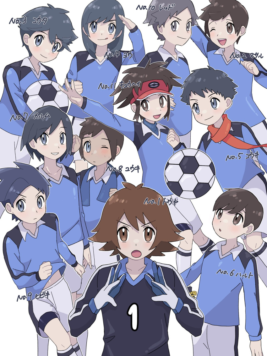 6+boys alternate_costume ball bangs black_hair blue_shirt brendan_(pokemon) brown_eyes brown_hair calem_(pokemon) collared_shirt commentary_request elio_(pokemon) ethan_(pokemon) gloves grey_eyes highres hilbert_(pokemon) kneehighs long_sleeves lucas_(pokemon) male_protagonist_(pokemon_sv) multiple_boys nate_(pokemon) one_eye_closed open_mouth outstretched_arm parted_lips pokemon pokemon_(game) pokemon_bw pokemon_bw2 pokemon_dppt pokemon_frlg pokemon_hgss pokemon_oras pokemon_sm pokemon_sv pokemon_swsh pokemon_usum pokemon_xy red_(pokemon) red_headwear sana_(37pisana) scarf shirt short_hair shorts smile soccer_ball soccer_uniform socks sportswear victor_(pokemon) visor_cap white_shorts white_socks