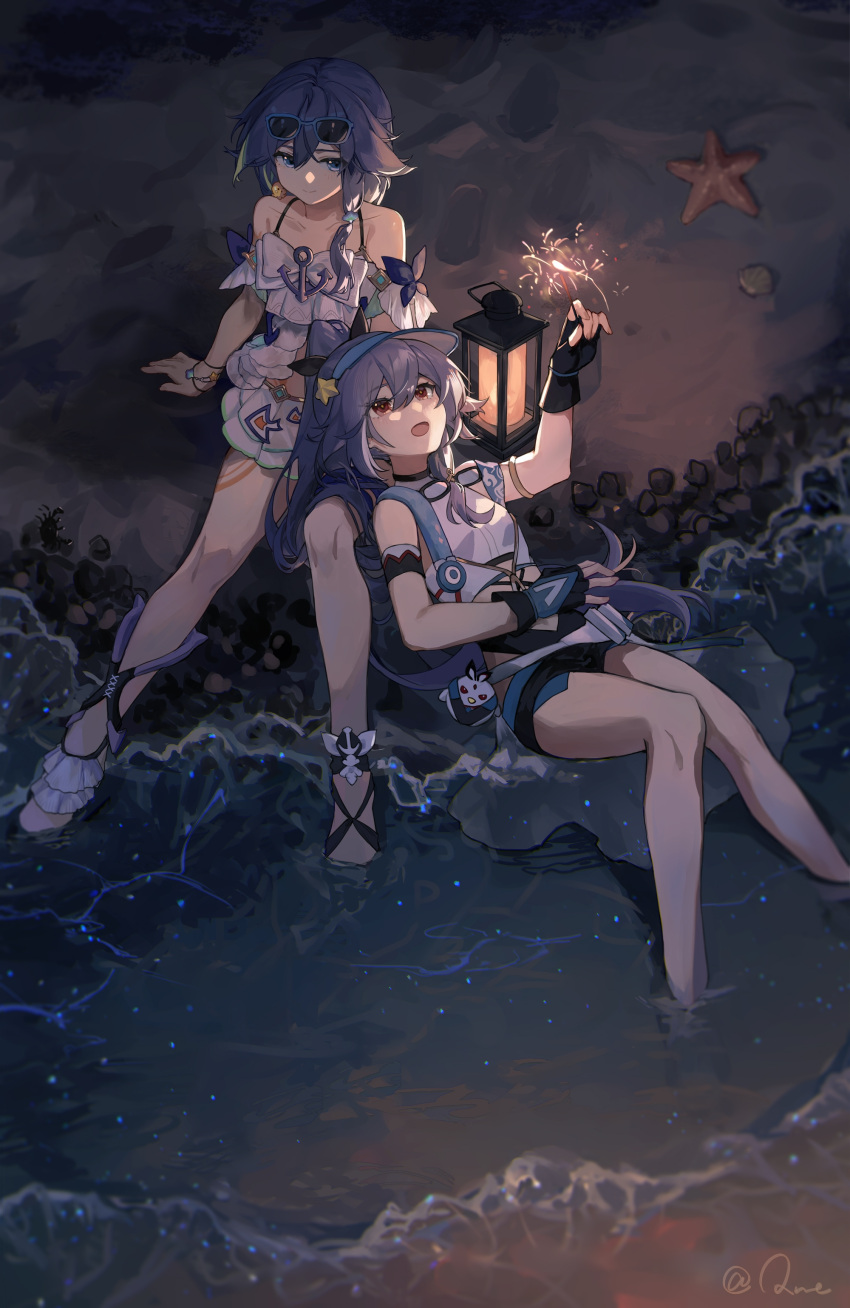 2girls :d absurdres bangs bare_shoulders beach bikini black_gloves black_hair blue_eyes closed_mouth dual_persona earrings eyewear_on_head fingerless_gloves frilled_bikini frills fu_hua fu_hua_(herrscher_of_sentience) full_body gloves goggles goggles_around_neck highres holding honkai_(series) honkai_impact_3rd jewelry lantern lying_on_lap multiple_girls open_mouth outdoors qqqne red_eyes rock sand single_earring sitting smile starfish sunglasses swimsuit visor wading white_bikini