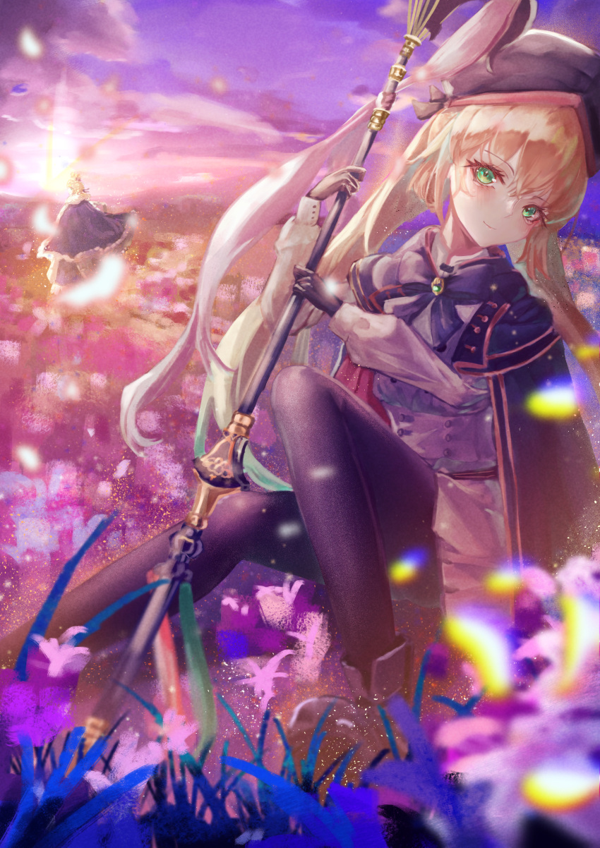 2girls absurdres artoria_caster_(fate) artoria_caster_(second_ascension)_(fate) artoria_pendragon_(fate) belt beret black_gloves black_pantyhose blonde_hair blue_belt blue_cloak blush boots bow buttons camellia_(s_kamellia) cloak closed_mouth clouds cloudy_sky crown fate/grand_order fate/stay_night fate_(series) floral_background flower full_body fur_trim gem gloves gold_trim green_eyes green_gemstone hat highres holding long_hair long_sleeves looking_at_viewer multiple_girls pantyhose petals purple_bow purple_footwear saber shirt short_hair sitting skirt sky smile sun sunlight twintails white_fur white_shirt white_skirt