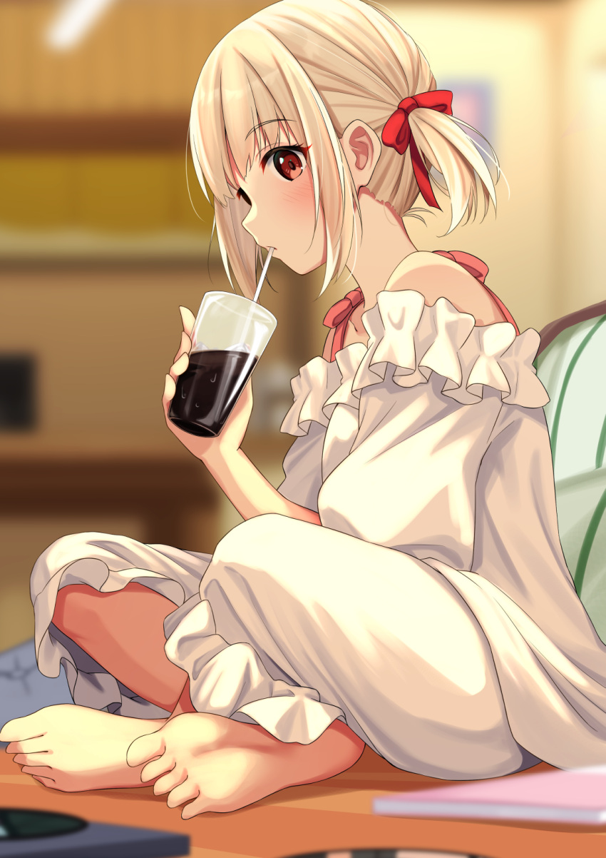 1girl barefoot blonde_hair blurry blurry_background bow depth_of_field drink drinking drinking_straw_in_mouth feet frills from_side hair_bow highres ice ice_cube indian_style lycoris_recoil nishikigi_chisato pajamas pants puffy_sleeves red_bow red_eyes shirt short_twintails sitting sleepwear solo syurimp toes twintails white_pants white_shirt