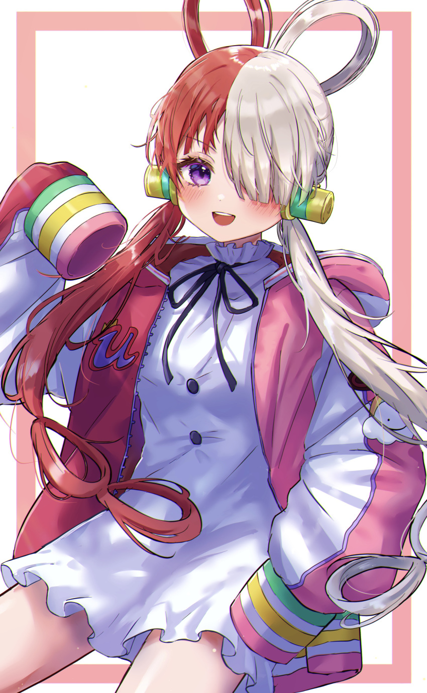 1girl :d absurdres bangs black_ribbon blush buttons commentary cowboy_shot dress eyelashes floating_hair frilled_dress frills hair_over_one_eye hair_rings hand_up headphones highres hood hood_down hooded_jacket jacket long_hair long_sleeves looking_at_viewer low_twintails multicolored_clothes multicolored_hair neck_ribbon one_eye_covered one_piece one_piece:_film_red open_clothes open_jacket open_mouth oversized_clothes pink_jacket puffy_long_sleeves puffy_sleeves redhead ribbon shinzousan sidelocks sleeves_past_fingers sleeves_past_wrists smile solo split-color_hair standing teeth twintails two-tone_background two-tone_hair upper_teeth uta_(one_piece) violet_eyes white_background white_dress white_hair white_jacket