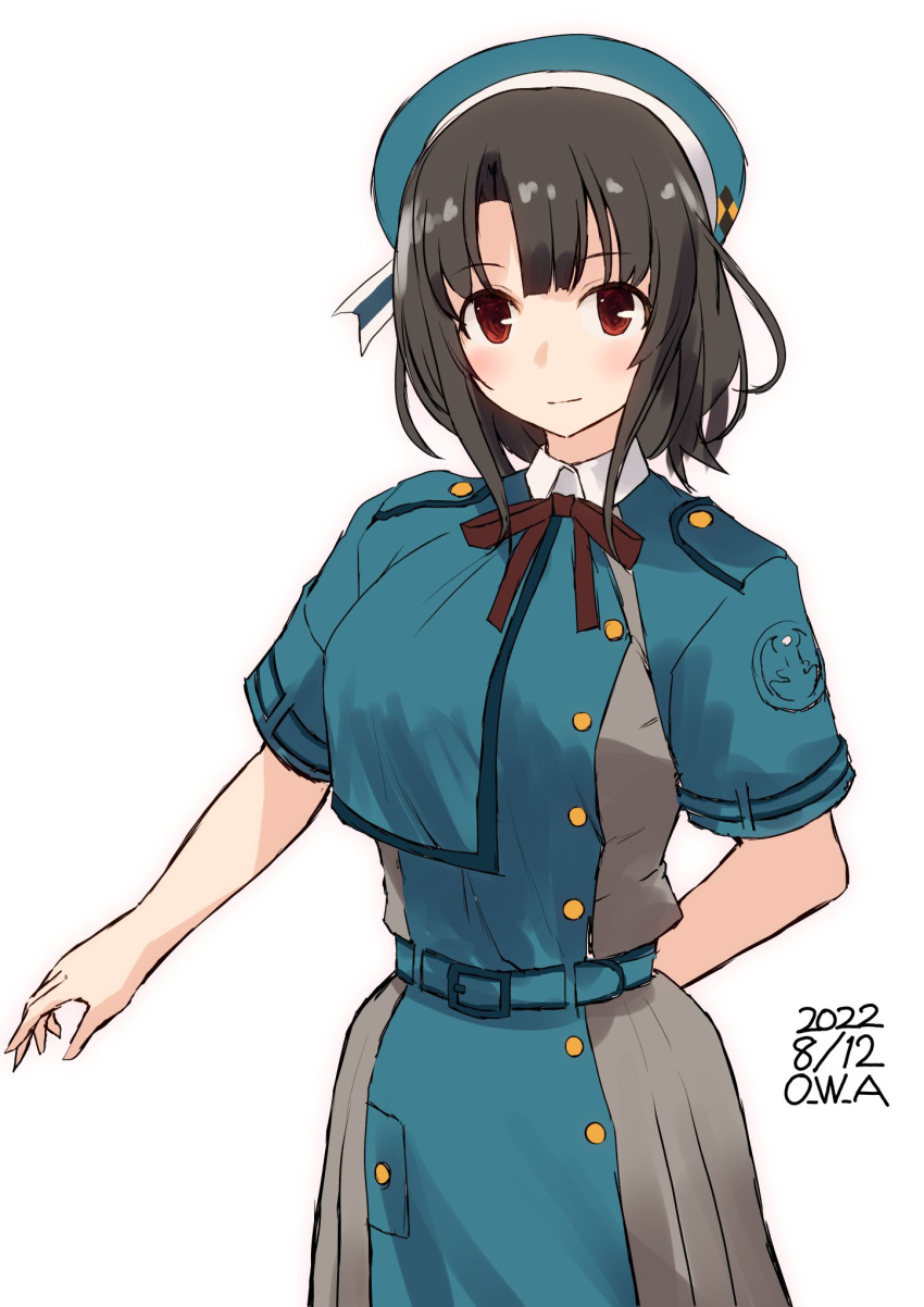 1girl adapted_costume artist_name beret black_hair blue_dress blue_headwear breasts cosplay cowboy_shot dated dress hat highres kantai_collection large_breasts looking_at_viewer lycoris_recoil lycoris_uniform one-hour_drawing_challenge owa_(ishtail) red_eyes short_hair simple_background solo takao_(kancolle) white_background