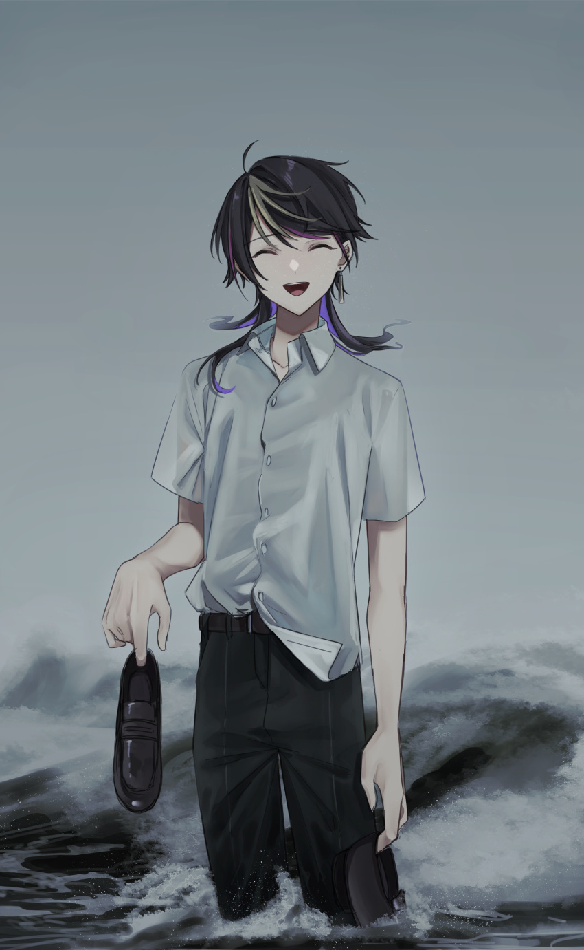 1boy :d ^_^ absurdres ahoge bangs black_footwear black_hair black_pants brown_hair buttons closed_eyes clouds cloudy_sky collarbone collared_shirt colored_inner_hair commentary_request earrings highres holding holding_shoes in_water jewelry long_hair male_focus multicolored_hair nijisanji nijisanji_en open_mouth outdoors pants peridot68 purple_hair shirt shoes shoes_removed short_sleeves shu_yamino sidelocks single_earring sky smile solo standing streaked_hair swept_bangs virtual_youtuber wading water waves white_shirt wing_collar