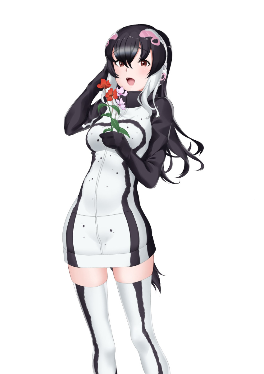 1girl african_penguin_(kemono_friends) black_hair black_sweater black_thighhighs blush brown_eyes flower hand_in_own_hair high_collar highres holding holding_flower kemono_friends long_hair long_sleeves losmal_indicus mittens multicolored_hair open_mouth penguin_girl penguin_tail purple_hair solo sweater tail thigh-highs two-tone_sweater two-tone_thighhighs white_hair white_sweater white_thighhighs zettai_ryouiki