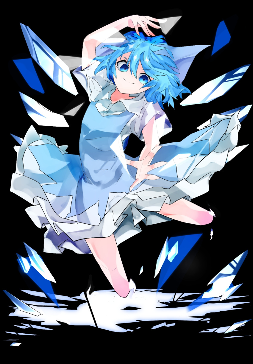 1girl arm_up bangs blue_bow blue_dress blue_eyes blue_hair bow cirno closed_mouth collared_shirt commentary_request dress flat_chest full_body hair_between_eyes hair_bow highres ice ice_wings looking_at_viewer pinafore_dress shirt short_hair short_sleeves solo touhou vivo_(vivo_sun_0222) white_shirt wings