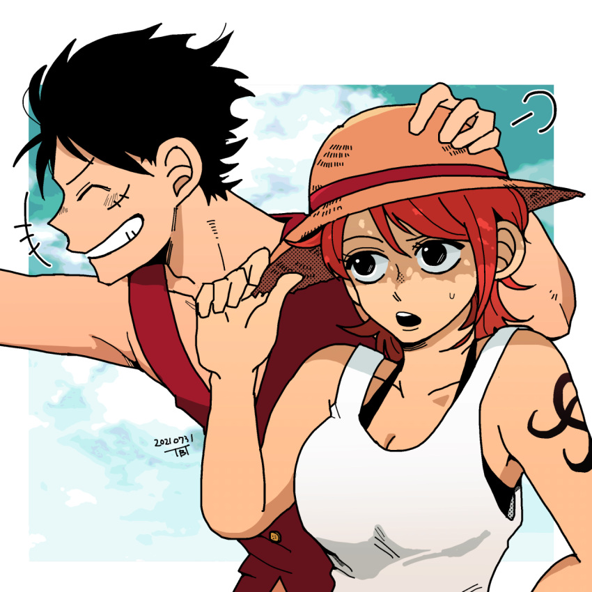 1boy 1girl ^_^ arm_tattoo artist_name black_hair closed_eyes grin hand_on_another's_head hand_on_headwear hat highres monkey_d._luffy nami_(one_piece) one_piece orange_hair outdoors scar scar_on_face short_hair sky sleeveless smile straw_hat sweat tank_top tattoo tbt white_tank_top