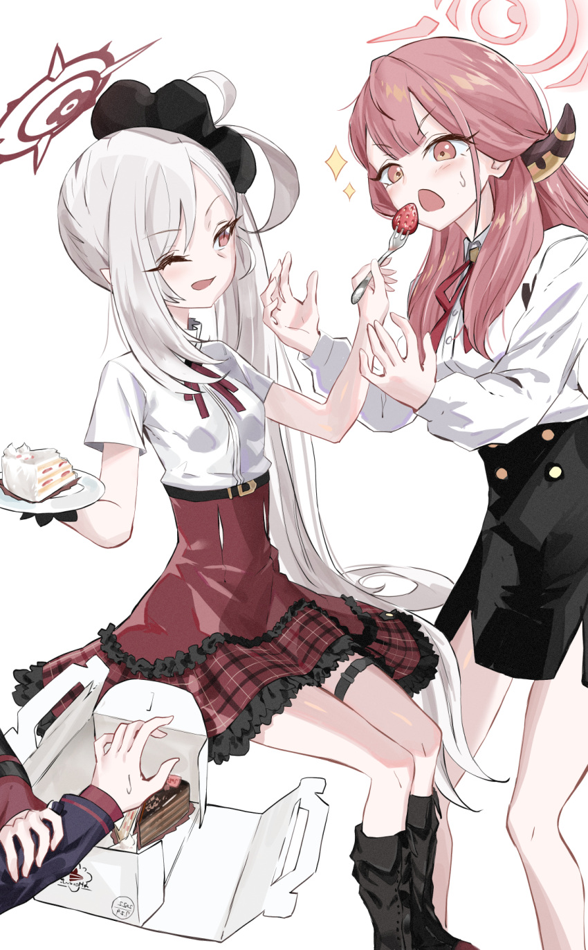 2girls ;d aru_(blue_archive) bangs bare_legs black_flower black_skirt blue_archive blunt_bangs boots breasts cake cake_slice chestnut_mouth chocolate_cake collared_shirt demon_horns eating flower food fork frilled_skirt frills fruit hair_flower hair_ornament hair_scrunchie halo high-waist_skirt highres holding holding_fork holding_hands holding_plate horns icing long_hair long_sleeves multiple_girls mutsuki_(blue_archive) neck_ribbon one_eye_closed pencil_skirt pink_hair plaid plaid_skirt plate pointy_ears red_eyes red_ribbon red_skirt ribbon ryoma_(rym_369) scrunchie shirt shirt_tucked_in short_sleeves side_ponytail side_slit sitting skirt sleeve_cuffs small_breasts smile sparkle standing strawberry strawberry_shortcake sweat tongue tongue_out very_long_hair white_hair white_shirt yellow_eyes
