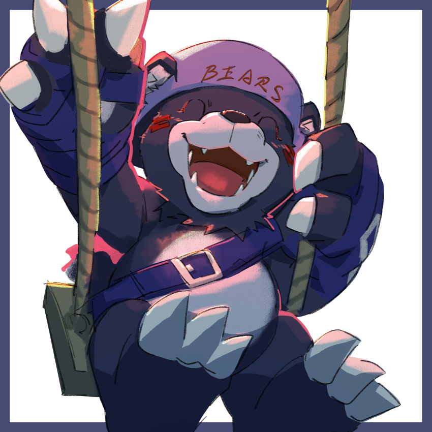 :d ^_^ absurdres arm_up baseball_cap bear bearmon black_skin blue_bag border claws closed_eyes colored_skin digimon digimon_(creature) fangs grey_skin hand_up happy hat highres kaiju_(konokaijuda) open_mouth pink_headwear purple_border smile swing teeth white_background