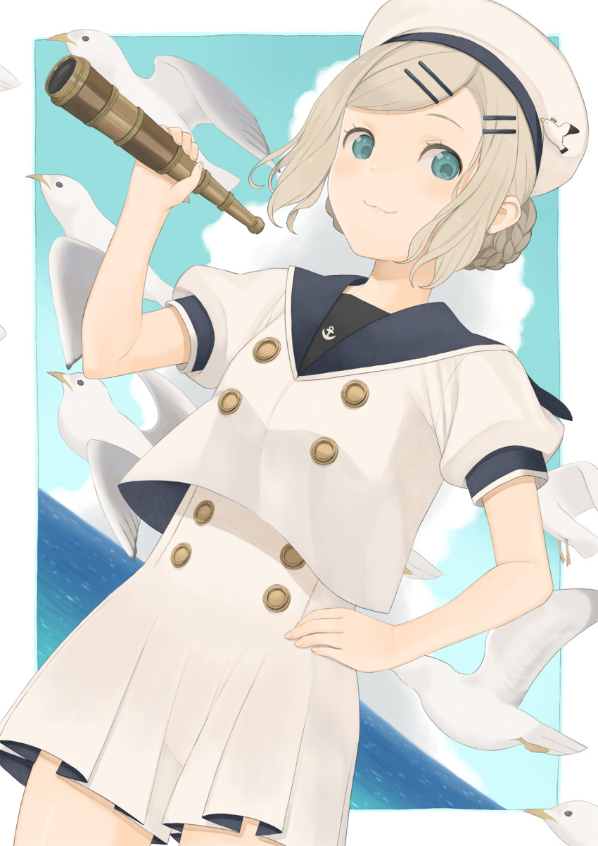 1girl bird blue_eyes blue_sky braid braided_bun clouds day hair_bun hair_ornament hairclip hand_on_hip hand_up highres ocean original original-orange-610917 outdoors sailor seagull short_hair short_sleeves sky spyglass standing water white_headwear